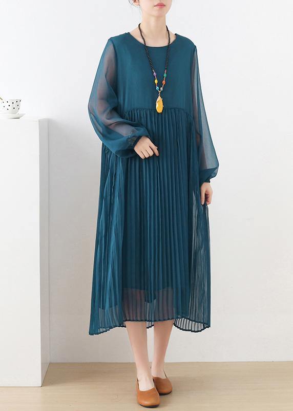 Style Blue Long Sleeve Chiffon O-Neck Summer Dresses - SooLinen