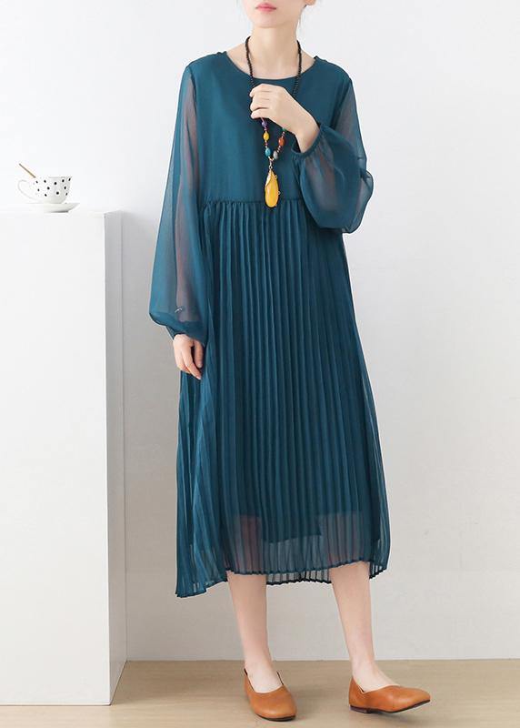 Style Blue Long Sleeve Chiffon O-Neck Summer Dresses - SooLinen