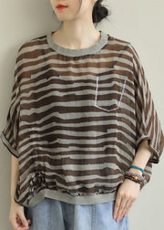 Style Blue O-Neck Drawstring Striped Print Linen Tank Top Batwing Sleeve