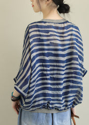 Style Blue O-Neck Drawstring Striped Print Linen Tank Top Batwing Sleeve