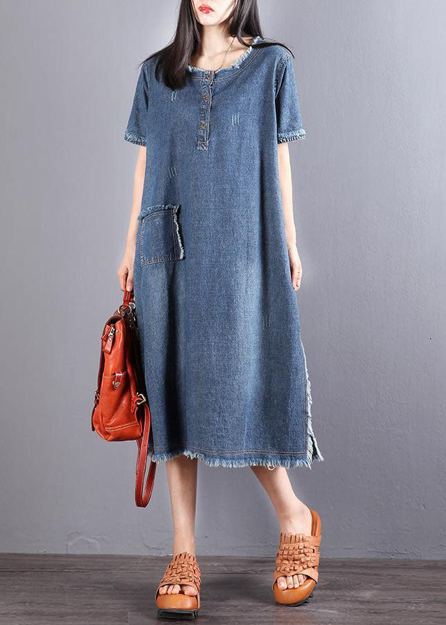 Style Blue O-Neck Tassel Pocket Side Open Cotton Vacation Denim Dresses Short Sleeve