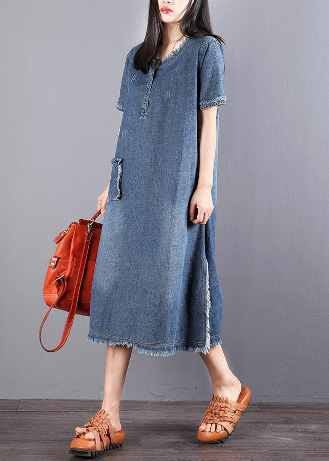 Style Blue O-Neck Tassel Pocket Side Open Cotton Vacation Denim Dresses Short Sleeve