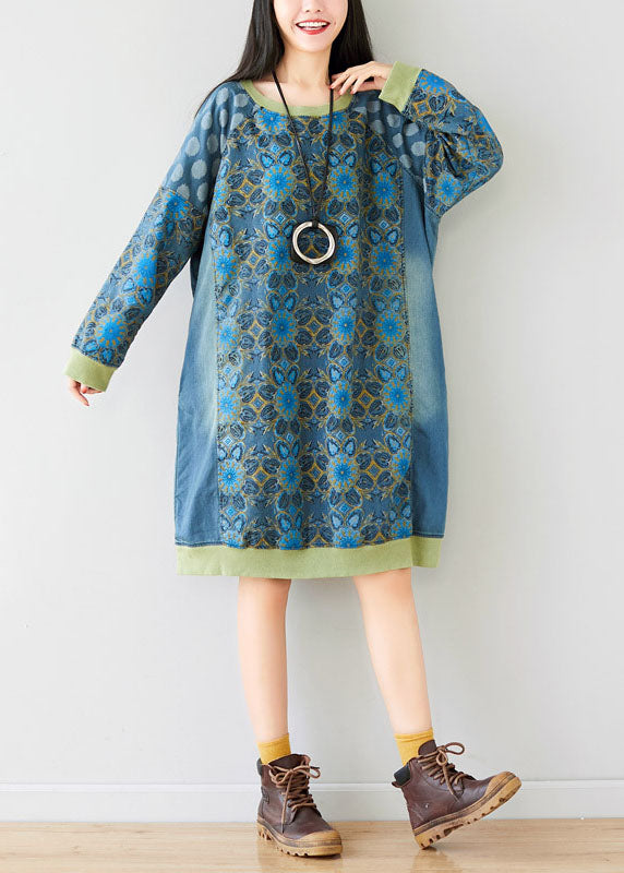 Style Blue O-Neck Print Patchwork Dress Spring