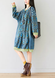 Style Blue O-Neck Print Patchwork Dress Spring