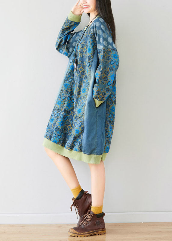 Style Blue O-Neck Print Patchwork Dress Spring