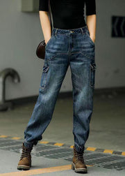 Style Blue Original Design Pockets Patchwork Cotton Denim Beam Pants Spring