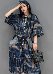 Style Blue Peter Pan Collar Letter Print Diamond Cotton Denim Jumpsuit Half Sleeve