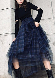 Style Blue asymmetrical design Plaid tulle Skirt Spring