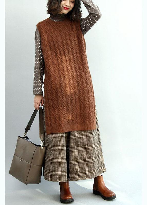 Style Chocolate O-Neck Side Open Fall Knit Vest - SooLinen