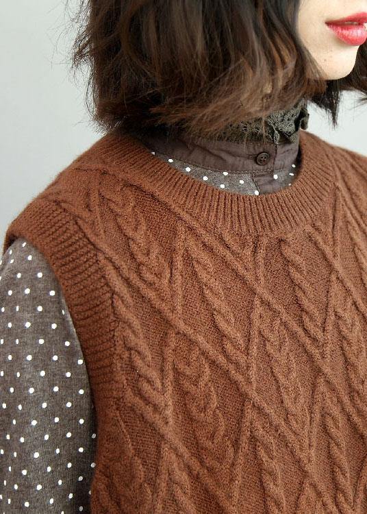 Style Chocolate O-Neck Side Open Fall Knit Vest - SooLinen