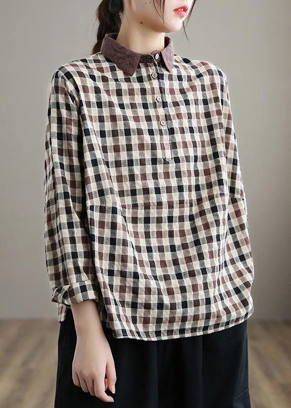 Style Chocolate Plaid Shirts Women Lapel Patchwork Vestidos De Lino Spring Shirts - SooLinen