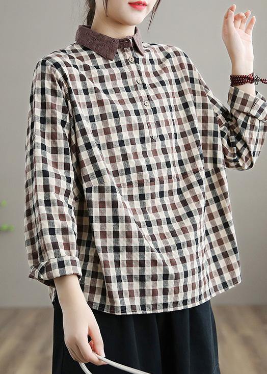 Style Chocolate Plaid Shirts Women Lapel Patchwork Vestidos De Lino Spring Shirts - SooLinen