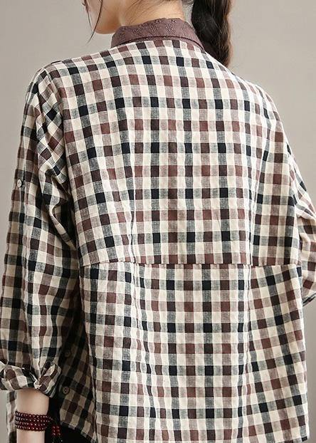 Style Chocolate Plaid Shirts Women Lapel Patchwork Vestidos De Lino Spring Shirts - SooLinen