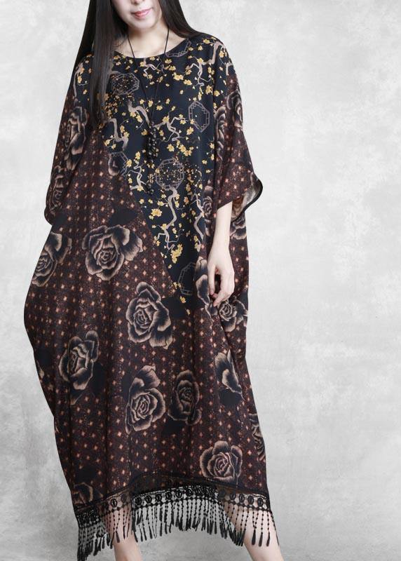 Style Chocolate Print Quilting Clothes O Neck Tassel Plus Size  Spring Dresses - SooLinen