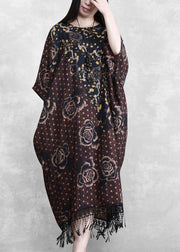 Style Chocolate Print Quilting Clothes O Neck Tassel Plus Size  Spring Dresses - SooLinen