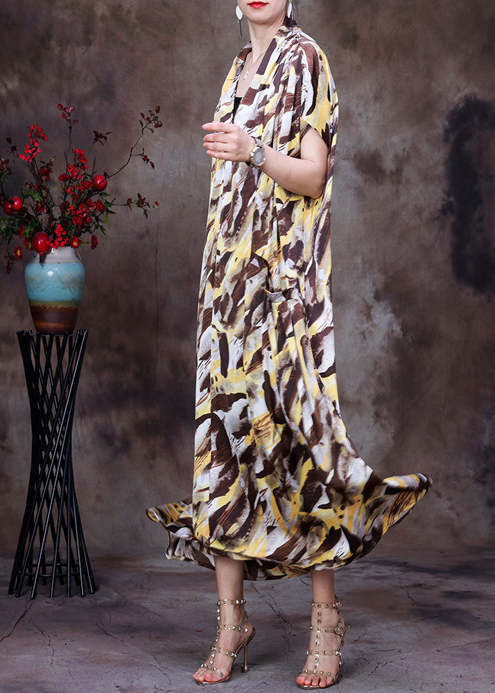 Style Chocolate Yellow V Neck Camouflage Print Silk Holiday Long Dress Short Sleeve