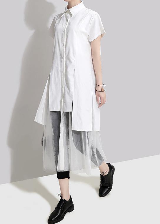 Style Cotton Long Shirts 18th Century Summer Irregular Patchwork Mesh Short Sleeve Dress - SooLinen