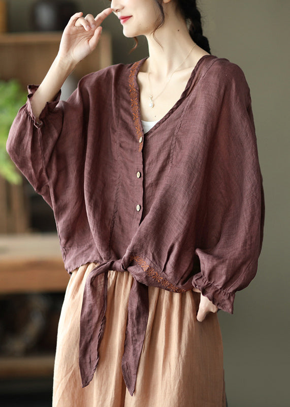 Style Dark Brown tie waist V Neck Embroideried Cotton Tops Batwing Sleeve