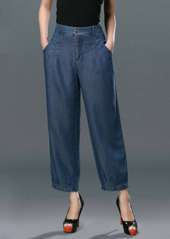 Style Denim Blue Hohe Taillentaschen Baumwolle Crop Pants Sommer