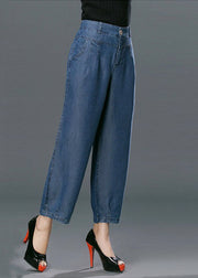 Style Denim Blue High Waist Pockets Cotton Crop Pants Summer