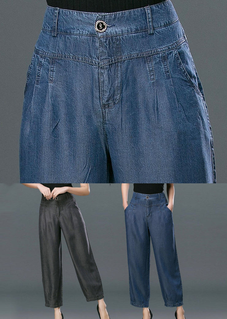 Style Denim Blue High Waist Pockets Cotton Crop Pants Summer