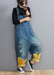 Style Denim Blue Pant Plus Size Spring Hole Jumpsuit Pants - SooLinen