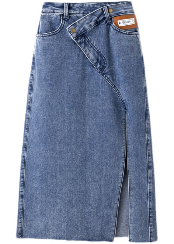 Style Denim Light Blue High Waist Side Open Button Asymmetrical Pockets Cotton A Line Skirts Summer