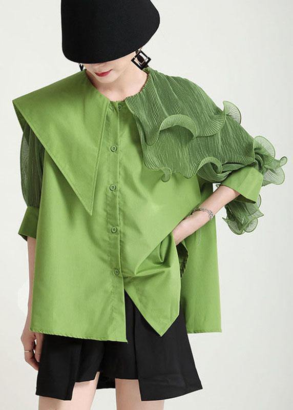 Style Green Asymmetrical Design Patchwork Wrinkled Blouses Half Sleeve - SooLinen