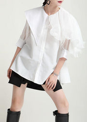 Style Green Asymmetrical Design Patchwork Wrinkled Blouses Half Sleeve - SooLinen