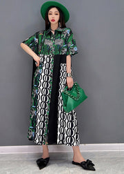 Style Green Asymmetrical Design Print Silk Shirt Dress Short Sleeve