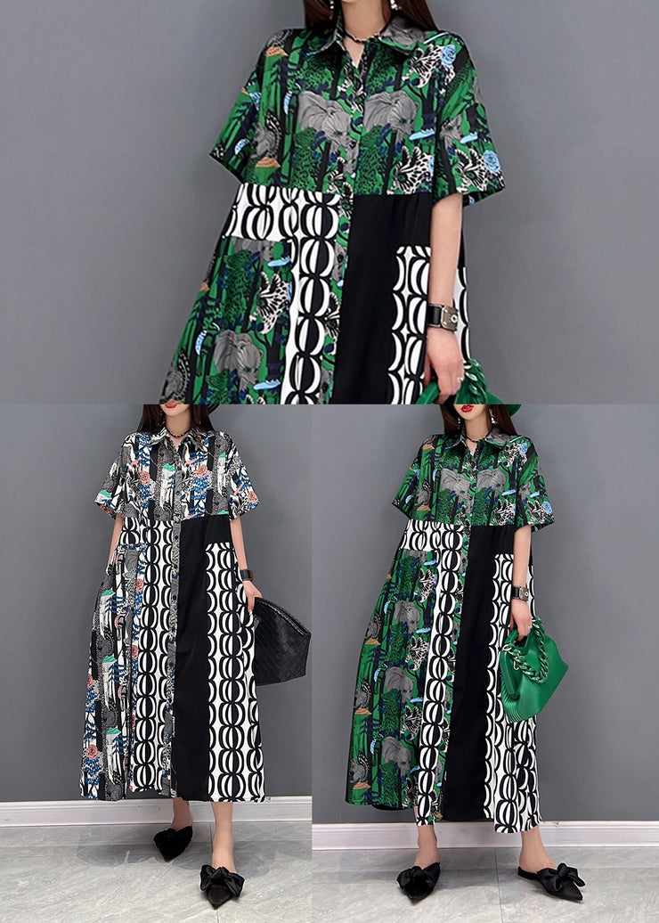 Style Green Asymmetrical Design Print Silk Shirt Dress Short Sleeve