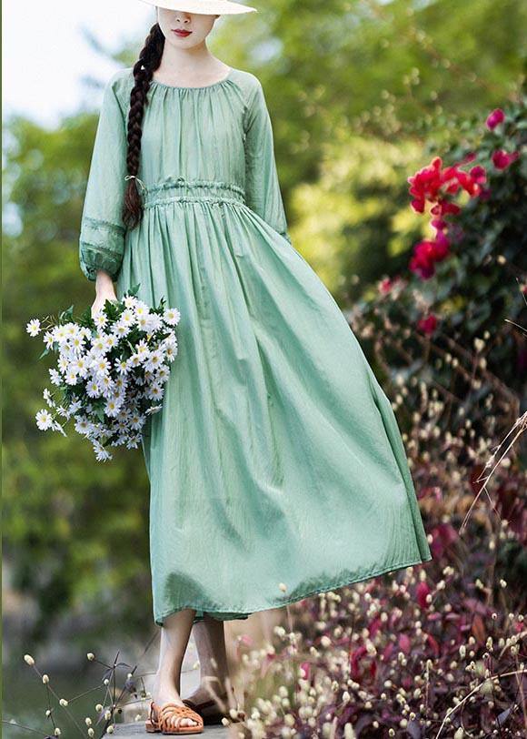 Style Green Cinched Patchwork Lace Long Summer Cotton Dress - SooLinen