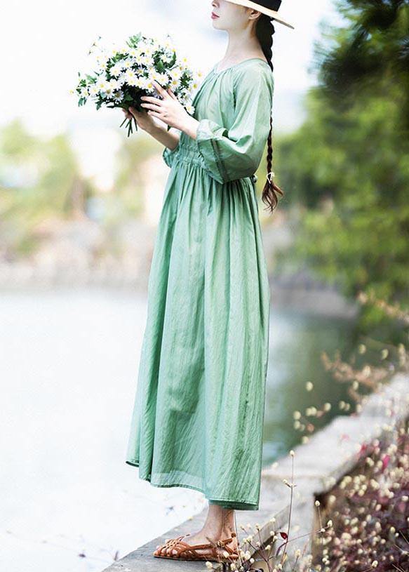 Style Green Cinched Patchwork Lace Long Summer Cotton Dress - SooLinen