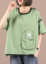 Style Green Patchwork Pockets Cotton Top Summer - SooLinen