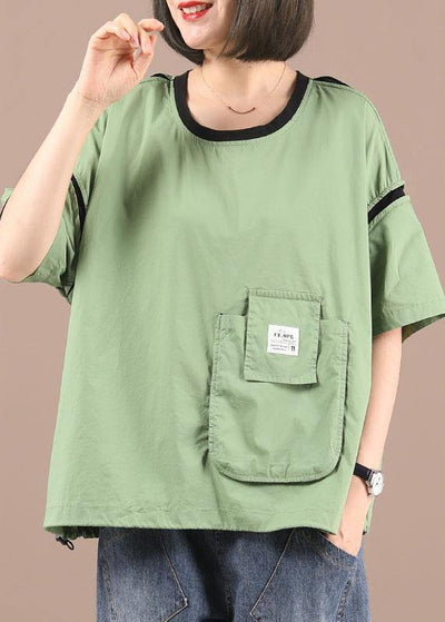 Style Green Patchwork Pockets Cotton Top Summer - SooLinen