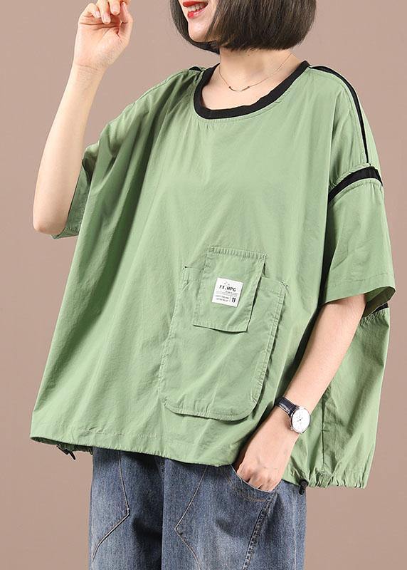 Style Green Patchwork Pockets Cotton Top Summer - SooLinen