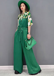 Style Green Peter Pan Collar Drawstring Print Chiffon Jumpsuit Short Sleeve