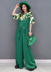 Style Green Peter Pan Collar Drawstring Print Chiffon Jumpsuit Short Sleeve