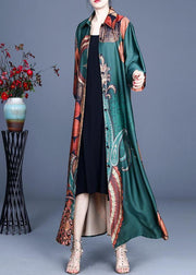 Style Green Print Summer Silk Half Sleeve Cardigans Long - SooLinen