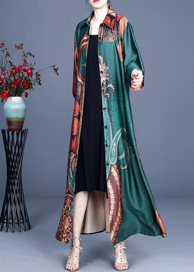 Style Green Print Summer Silk Half Sleeve Cardigans Long - SooLinen