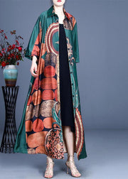 Style Green Print Summer Silk Half Sleeve Cardigans Long - SooLinen