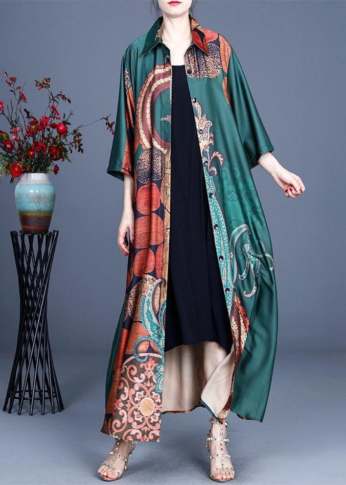 Style Green Print Summer Silk Half Sleeve Cardigans Long - SooLinen