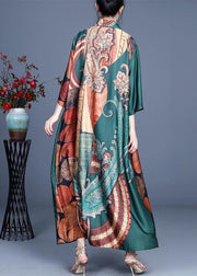 Style Green Print Summer Silk Half Sleeve Cardigans Long - SooLinen