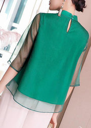 Style Green Stand Collar button Embroideried Chiffon Top Half Sleeve