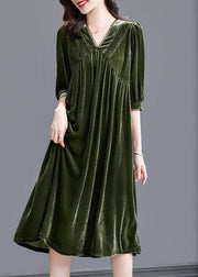 Style Green V Neck Patchwork Velour Party Dress Half Sleeve