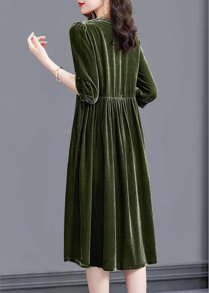 Style Green V Neck Patchwork Velour Party Dress Half Sleeve