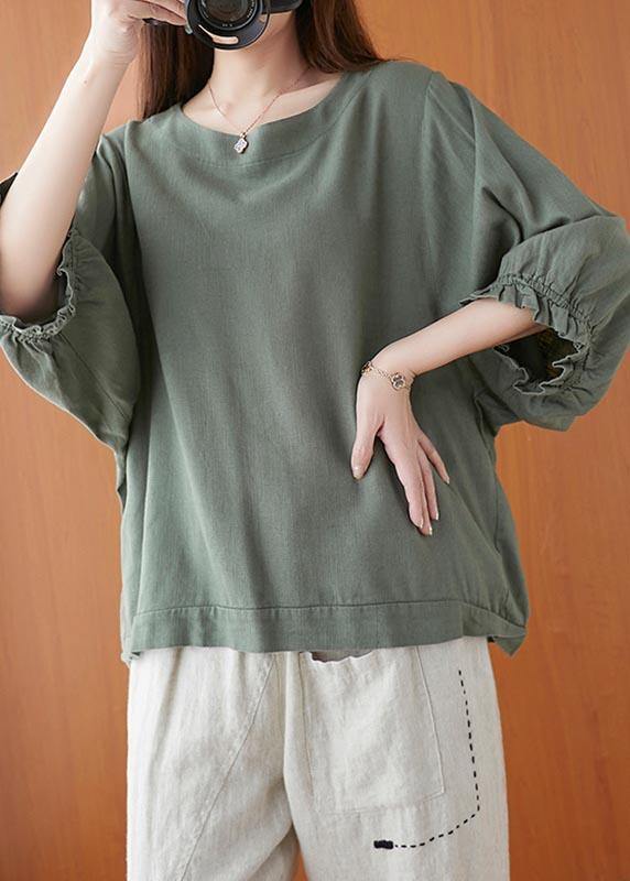 Style Green lantern sleeve Cotton Blouse Top Summer - SooLinen