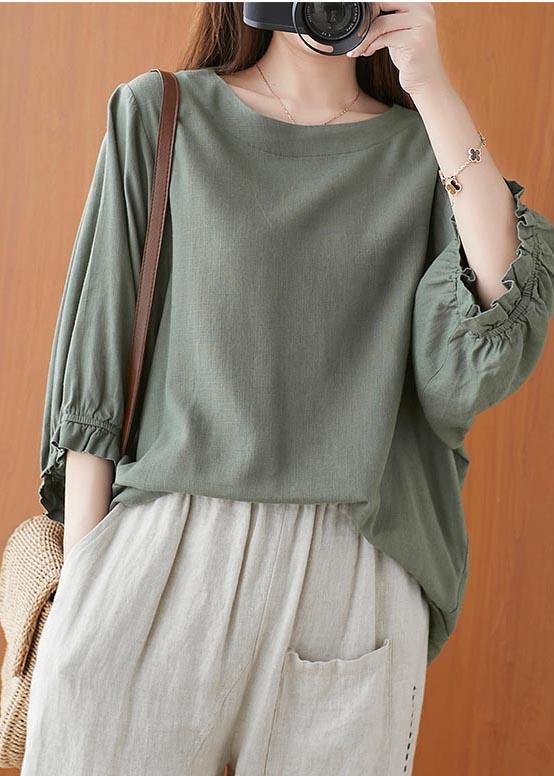 Style Green lantern sleeve Cotton Blouse Top Summer - SooLinen