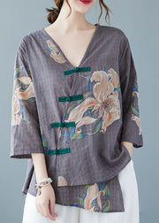 Style Grey V Neck Print Blouses Half Sleeve