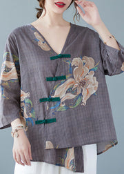 Style Grey V Neck Print Blouses Half Sleeve